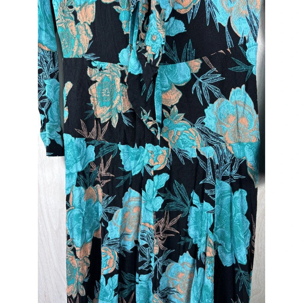 Soft Surroundings Womens M Teal Floral Maxi Dress Black Viscose Tie Front Boho